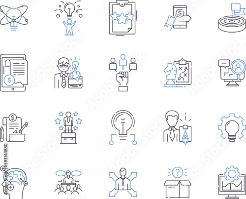 Strategy planning outline icons collection. Planning, Strategy, Developing, Branding, Forecasting, Organizing, Executing vector and illustration concept set. Setting, Outlining, Proposing linear signs