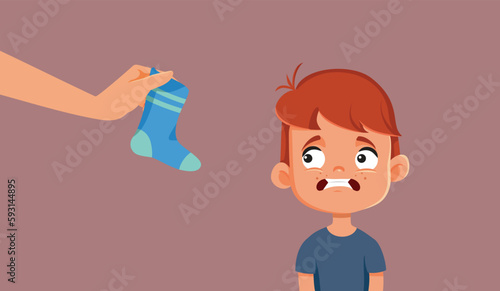 Mother Showing a Dirty Sock to Her Embarrassed Little Boy Vector Cartoon. Boy with an embarrassing little secret discovered by a parent 
