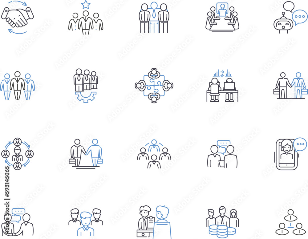 Relationship outline icons collection. Partnership, Friendship, Bonding, Alliance, Linkage, Connectivity, Interaction vector and illustration concept set. Attachment, Interdependence, Rapport linear