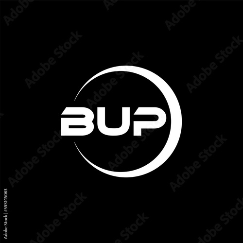 BUP letter logo design with black background in illustrator, cube logo, vector logo, modern alphabet font overlap style. calligraphy designs for logo, Poster, Invitation, etc.