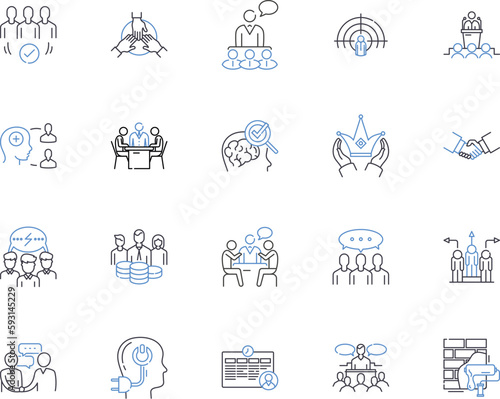 Team cooperation outline icons collection. Collaboration, Synergy, Unite, Together, Communicate, Cooperate, Network vector and illustration concept set. Bond, Integrate, Coordinate linear signs