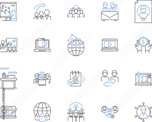 Meeting and conference outline icons collection. Conference, Meeting, Gatherings, Symposium, Forum, Seminar, Assembly vector and illustration concept set. Conclave, Dialogues, Rendezvous linear signs