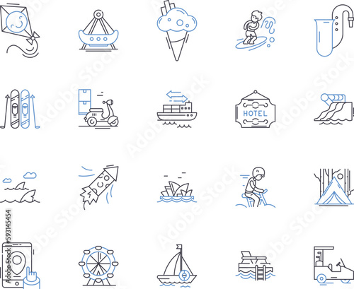 Travel and active people outline icons collection. Travellers, Active, Adventurers, Explorers, Trekkers, Hikers, Nomads vector and illustration concept set. Wanderers, Journeyers, Excursionists linear © michael broon