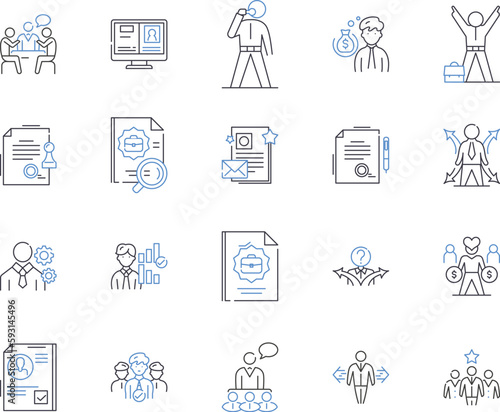 Company office outline icons collection. Office, Company, Business, Building, Space, Room, Suite vector and illustration concept set. Desk, Chair, Computer linear signs