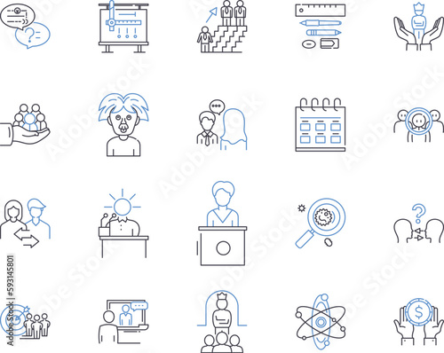 Traching and learning outline icons collection. Teaching, Learning, Education, Instruction, Curriculum, Assessment, Methodology vector and illustration concept set. Academic, Knowledge, skill linear