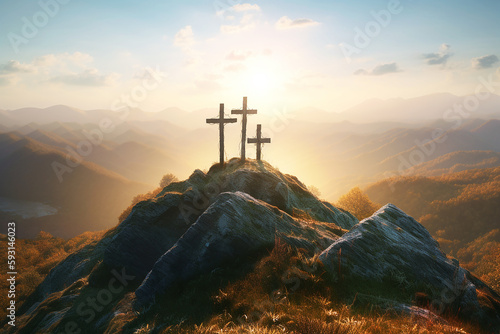 Fototapete Faith, hope, love, three crosses at the peak of the mountain