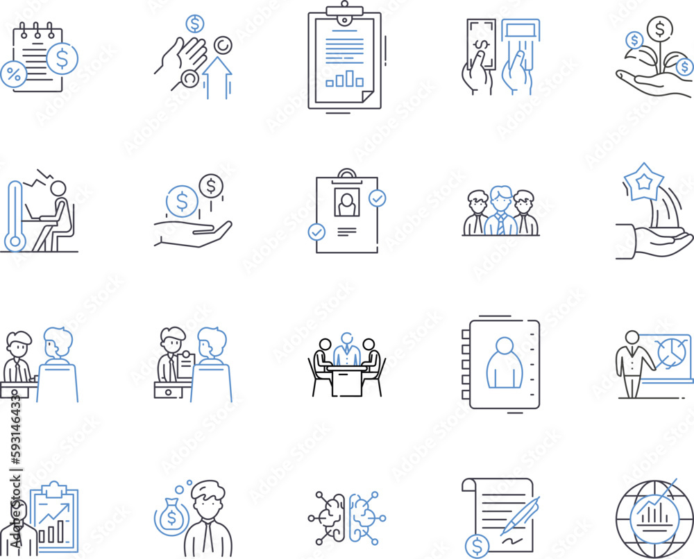 Personal Finance Management outline icons collection. Budgeting, Saving, Investing, Planning, Credit, Insurance, Retirement vector and illustration concept set. Tax, Debt, Paying linear signs