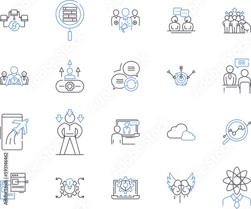 Community management outline icons collection. Community, Management, Organizing, Engaging, Building, Connecting, Networking vector and illustration concept set. Facilitating, Developing, Outreach