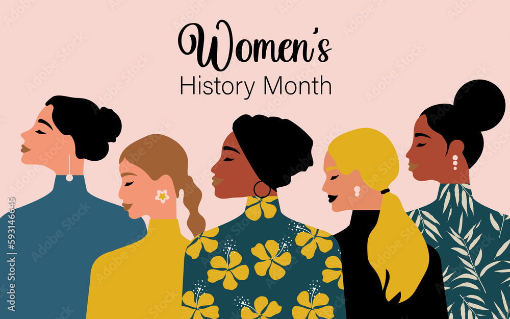 Women's History Month. Women of different ages, nationalities and religions come together. Pink horizontal poster. Women's History Month. Women of different ages, nationalities and religions come together. Pink horizontal poster.