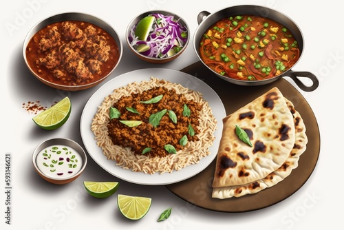 a variety of Indian dishes, including keema matar, pilau rice, and chicken tikka masala with chapati (mince with peas). Generative AI