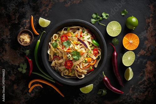 Pad Thai vegetarian vegetables udon noodles in a dark background, top view. Vegetarian food in asian style. Copy space. Generative AI