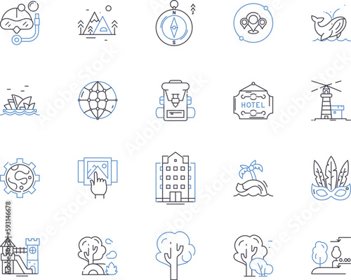 Holiday company outline icons collection. Vacation, Tour, Travel, Holiday, Trip, Package, Resort vector and illustration concept set. Offers, Getaway, Adventure linear signs