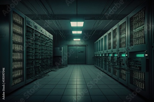 Here, all data is processed. shot of a server room that is deserted. Generative AI
