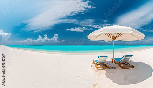 Beautiful beach banner. White sand, chairs and umbrella travel tourism wide panorama background concept. Amazing beach landscape, Generative AI © Nabil Bendannoun