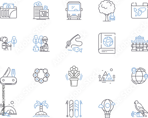 Holiday company outline icons collection. Vacation, Tour, Travel, Holiday, Trip, Package, Resort vector and illustration concept set. Offers, Getaway, Adventure linear signs
