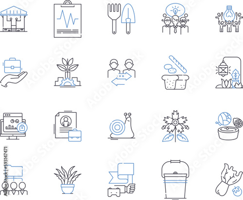 Organic farming outline icons collection. Organic, Farming, Agriculture, Crops, Soil, Fertilizer, Produce vector and illustration concept set. Ecological, Compost, Pesticides linear signs