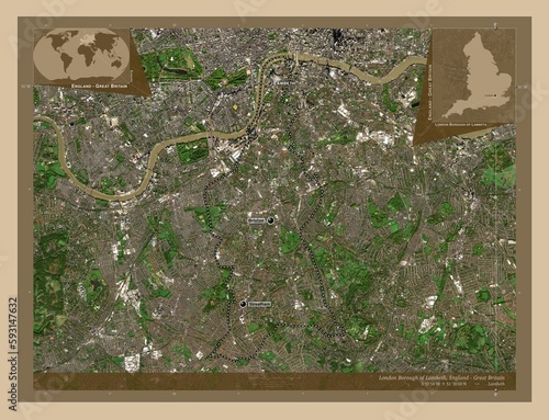 London Borough of Lambeth, England - Great Britain. Low-res satellite. Labelled points of cities photo