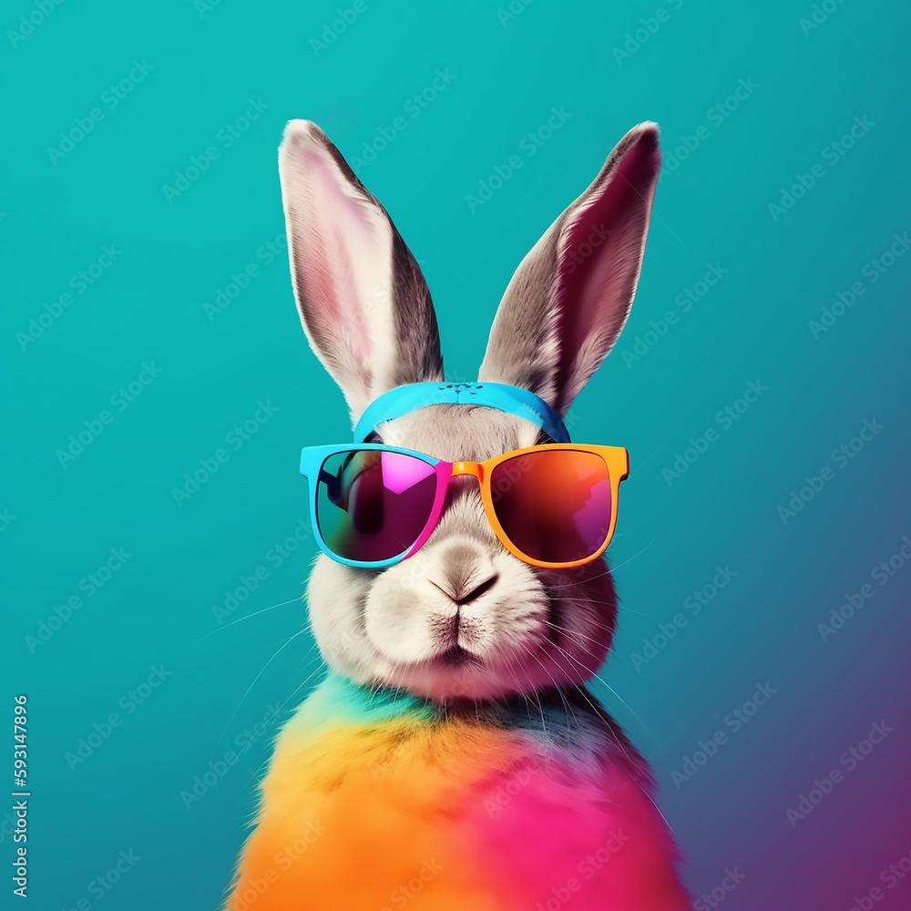 Cool bunny with sunglasses on colorful background - Generative Ai