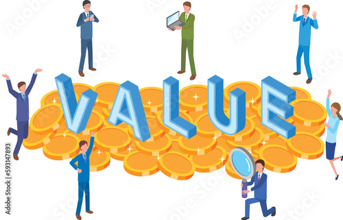 VALUEの文字と大量のコインと人々