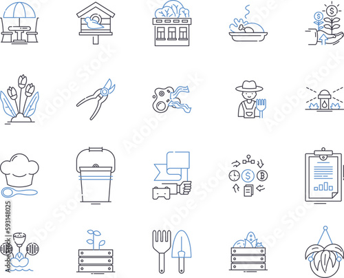 Farming production outline icons collection. Agriculture, Cultivation, Crops, Harvesting, Sowing, Yield, Livestock vector and illustration concept set. Irrigation, Fertilization, Agricultural linear
