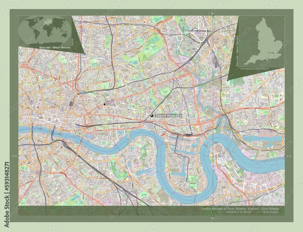 Naklejka premium London Borough of Tower Hamlets, England - Great Britain. OSM. Labelled points of cities
