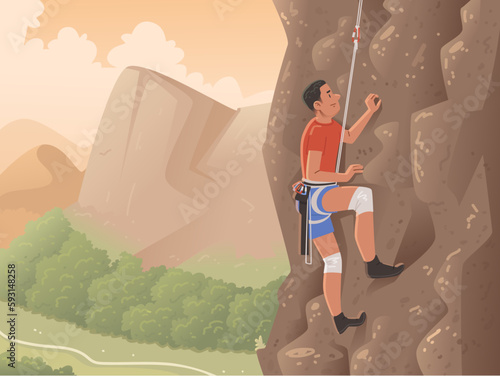 Rock climbing. A male climber climbs a steep cliff against a mountain landscape. Extreme sport