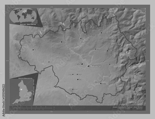 Greater Manchester, England - Great Britain. Grayscale. Labelled points of cities photo