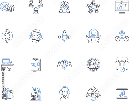 Management outline icons collection. Organizing, Planning, Controlling, Leading, Staffing, Directing, Financing vector and illustration concept set. Regulating, Co-ordinating, Scheduling linear signs
