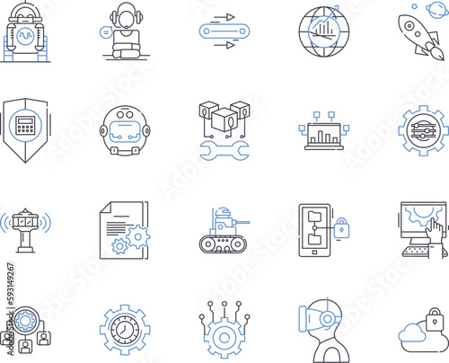 Automation and high tech outline icons collection. Automation, High-tech, Robotics, AI, Machine-Learning, Tech, Automated vector and illustration concept set. Smart, IoT, Digital linear signs