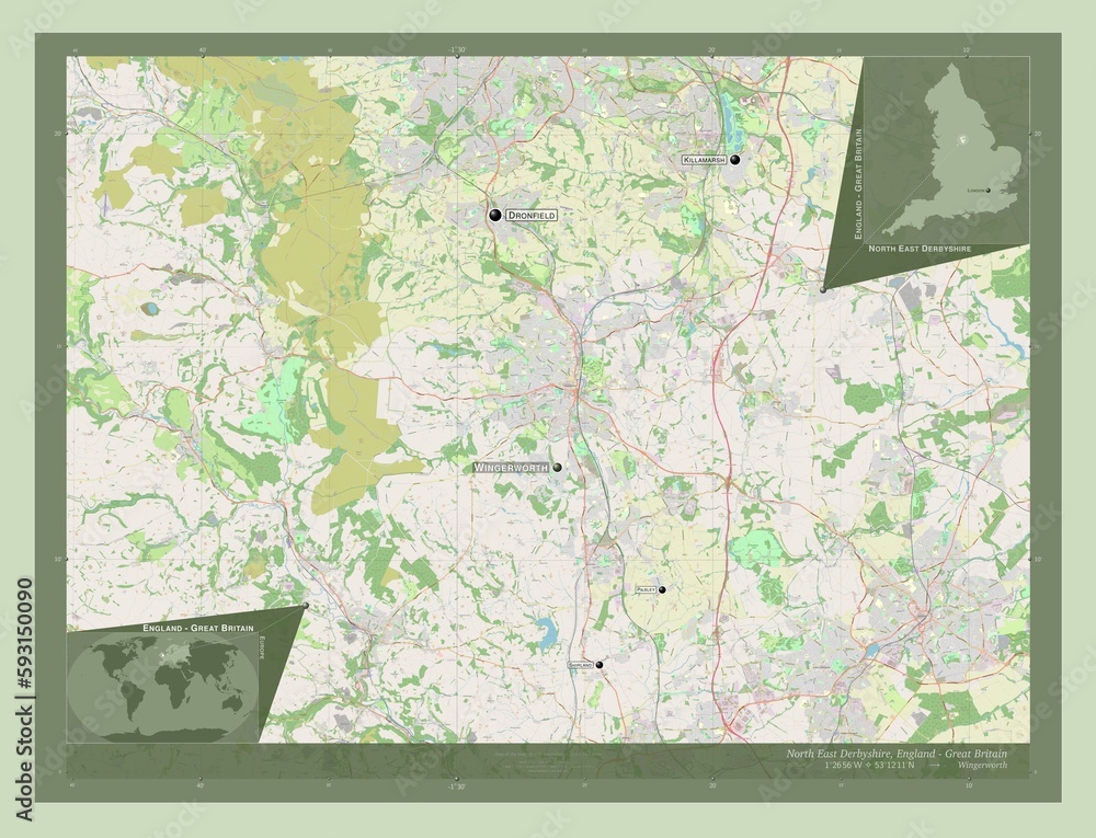 Fototapeta premium North East Derbyshire, England - Great Britain. OSM. Labelled points of cities