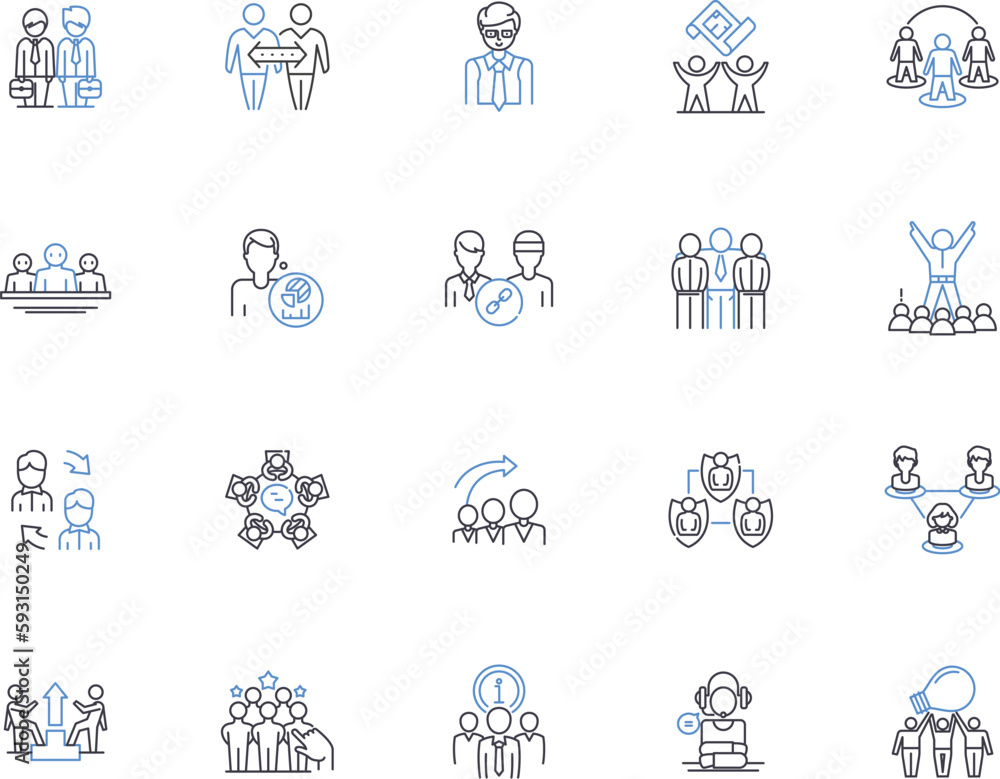 Business team outline icons collection. Business, Team, Collaboration, Cooperation, Organization, Partnership, Strategy vector and illustration concept set. Leadership,Relationships,Workforce linear