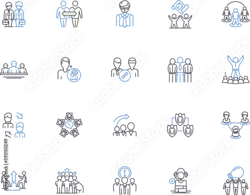 Business team outline icons collection. Business, Team, Collaboration, Cooperation, Organization, Partnership, Strategy vector and illustration concept set. Leadership,Relationships,Workforce linear