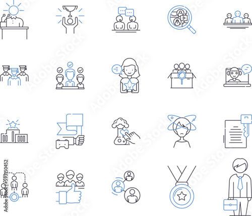 Team training outline icons collection. Team-building, Collaboration, Education, Coaching, Facilitation, Accountability, Motivation vector and illustration concept set. Communication, Productivity