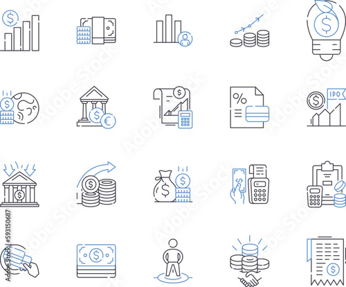 Investment office outline icons collection. Investment, Office, Banking, Finance, Securities, Stocks, Share vector and illustration concept set. Equity,Funds,Interest linear signs