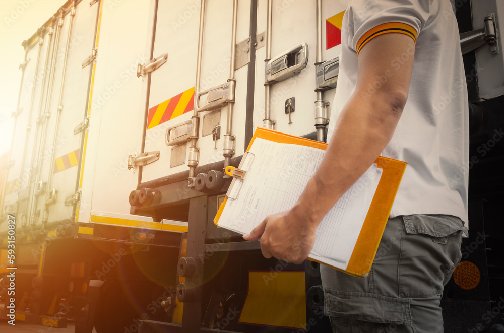 Offload Check Truck Drivers Hold a Clipboard The Checking Container Door. Security of ...