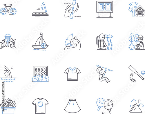 Summer andactivities outline icons collection. Swimming, Hiking, Camping, Boating, Surfing, Fishing, Kayaking vector and illustration concept set. Biking, Climbing, Sunbathing linear signs