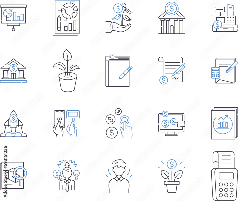 Accounting and finance outline icons collection. Accounting, Finance, Bookkeeping, Auditing, Taxation, Budgeting, CPA vector and illustration concept set. GAAP, Assets, Liabilities linear signs