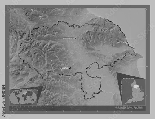 North Yorkshire, England - Great Britain. Grayscale. Labelled points of cities photo