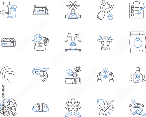 Farming production outline icons collection. Agriculture, Cultivation, Crops, Harvesting, Sowing, Yield, Livestock vector and illustration concept set. Irrigation, Fertilization, Agricultural linear