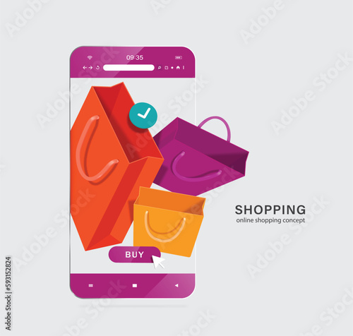 purple,orange,yellow shopping bag and buy icon floating on smartphone screen,