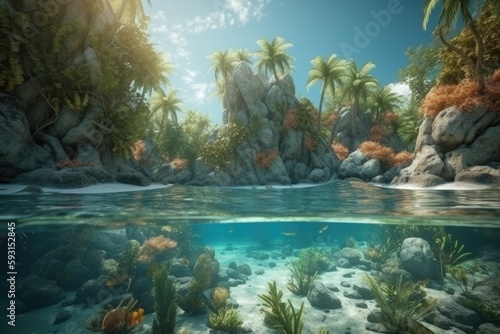 Corals and reef under water  with Lush tropical shore landscape above the surface - AI Generated