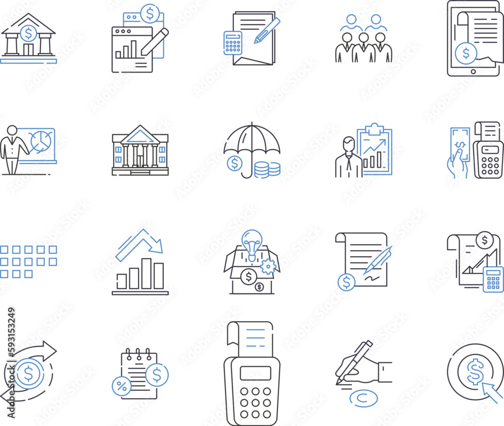 Business Intelligence outline icons collection. Business, Intelligence, Analytics, Data, Mining, Reporting, Warehousing vector and illustration concept set. Visualization, Integration, Governance