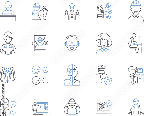 Management work outline icons collection. Management, Work, Control, Plan, Organize, Lead, Supervise vector and illustration concept set. Coordinate, Direct, Schedule linear signs