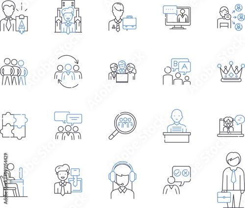 Management staff outline icons collection. Manager, Staff, Leadership, Supervisor, Administrator, Organizer, Planner vector and illustration concept set. Director, Coordinator, Personnel linear signs