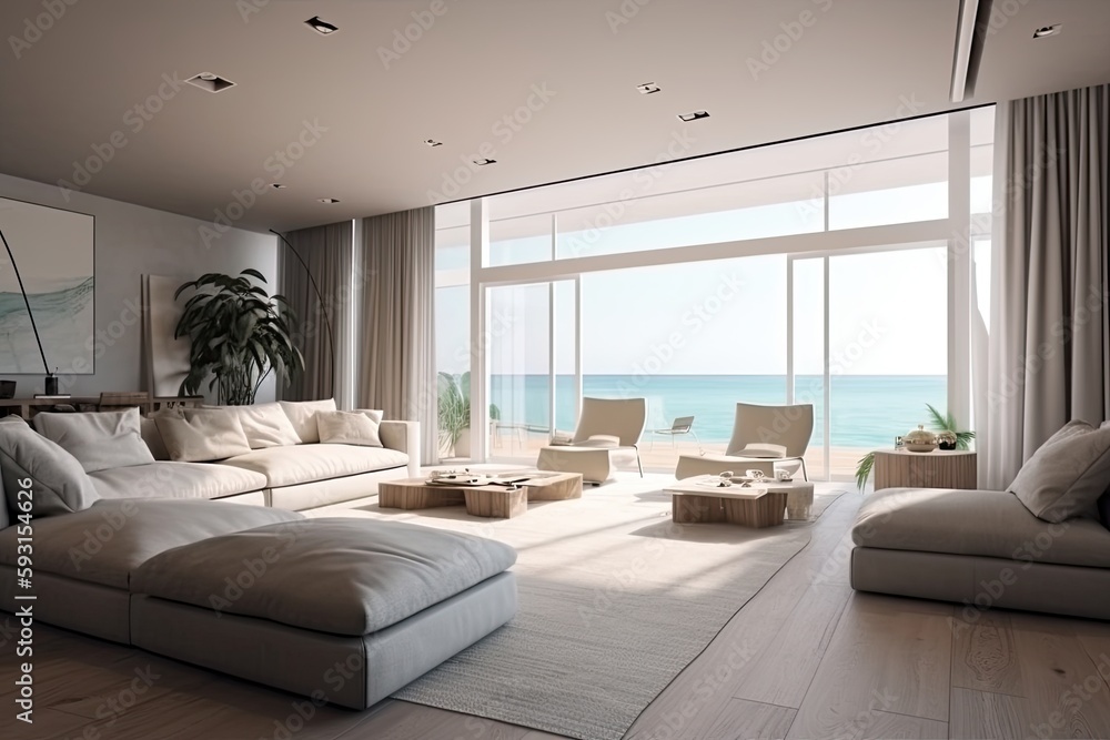 Large living room with a sea view in a lavish summer beach home, modern ...
