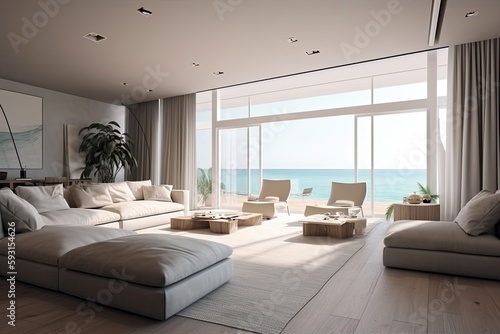 Large living room with a sea view in a lavish summer beach home, modern furniture. interior of a holiday house or villa - generative ai	

