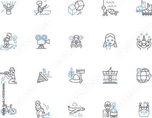 Budget travel outline icons collection. Cheap, Budget, Affordable, Frugal, Economic, Thrifty, Low-cost vector and illustration concept set. Discounted, Sightseeing, Touring linear signs
