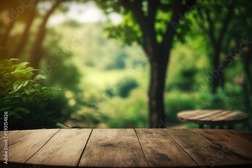 The wood table top on a blur green forest bokeh background can be used for display or montage of your products