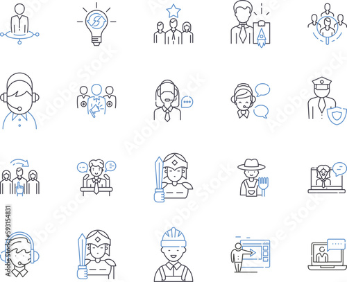 Office job outline icons collection. Office, Job, Administrative, Clerk, Manager, Secretary, Assistant vector and illustration concept set. Human, Resources, Analyst linear signs
