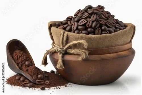 Ground coffee in a wooden bowl with roasted coffee beans in a sack bag, isolated on a white backdrop. Generative AI photo